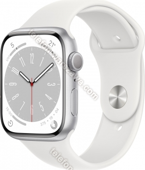 Apple Watch Series 8 (GPS) 45mm aluminiowy srebrny z paskiem sportowym biały