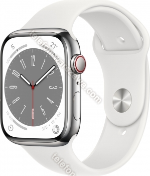 Apple Watch Series 8 (GPS + Cellular) 45mm stal szlachetna srebrny z paskiem sportowym biały