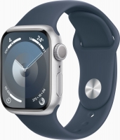 Apple Watch Series 9 (GPS) 41mm aluminiowy srebrny z paskiem sportowym S/M sturmblau