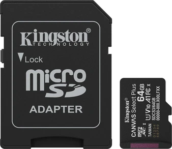 Kingston Canvas Select Plus Gen3 R100 microSDXC 64GB Kit, UHS-I U1, A1, Class 10