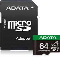 ADATA SPEED PLUS R160/W140 microSDXC 64GB Kit, UHS-I U3, A2, Class 10